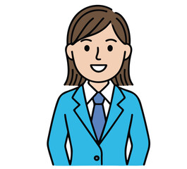 Illustration of a woman in a blue suit with a tie and short brown hair against a black background