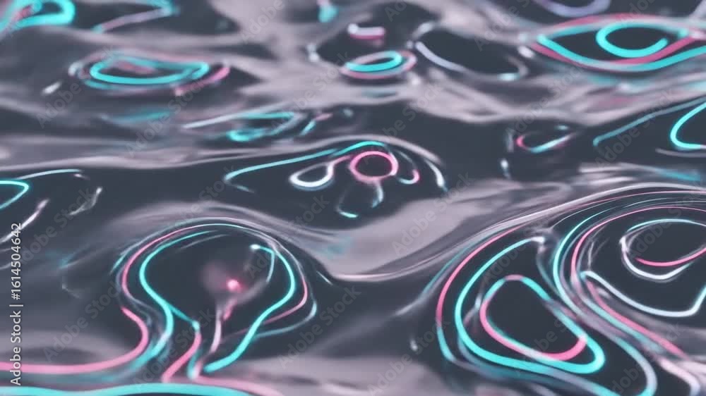 Poster abstract close-up of a dark liquid surface with swirling, glowing neon-colored lines and patterns.
