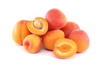 Fresh Apricots Displayed on White Background with Juicy Halves
