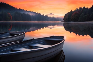 Tranquil Lake Sunrise with Rowboats and Forest Reflections