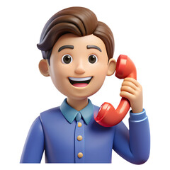 Young smiling man James holding classic telephone receiver to ear &ndash; Talk, call, communication, conversation, support concept &ndash; 3D rendering