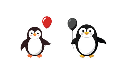 Naklejka premium Two cute cartoon penguins holding balloons on a white background
