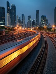 Obraz premium Dynamic train motion at night urban cityscape photography modern environment low angle view motion concept