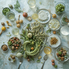 food, fruit, table, color image, vegetable, freshness, ingredient, organic, horizontal, no people, photography, copy space, healthy eating, food and drink, still life, directly above, green color, lea