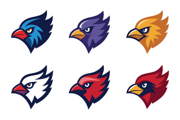 Fototapeta premium Vector art of a set of six colorful cardinal bird head logos, each with a unique design