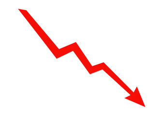 A sharp red arrow zigzags downwards, symbolizing a steep financial decline or market crash isolated on transparent background