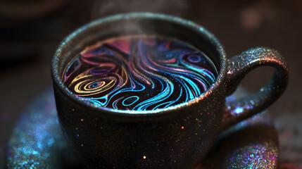 Surreal cup of coffee with swirling cosmic patterns inside, representing the hidden effects of daily ritual.