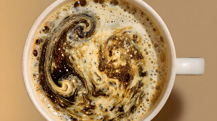 Surreal cup of coffee with swirling cosmic patterns inside, representing the hidden effects of daily ritual.