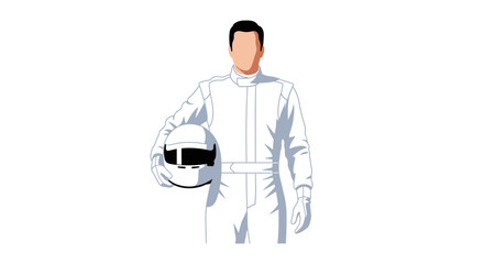 Racing driver illustration. Male figure in professional racing suit holding a helmet. Vector illustration.