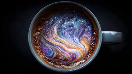 Surreal cup of coffee with swirling cosmic patterns inside, representing the hidden effects of daily ritual.