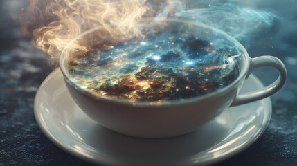 Surreal cup of coffee with swirling cosmic patterns inside, representing the hidden effects of daily ritual.