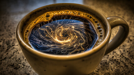 Surreal cup of coffee with swirling cosmic patterns inside, representing the hidden effects of daily ritual.