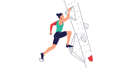 Rock climbing illustration. Female climber scaling an indoor climbing wall with holds. Vector illustration.