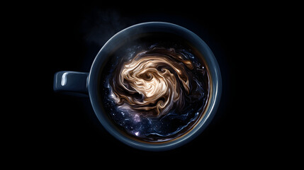 Surreal cup of coffee with swirling cosmic patterns inside, representing the hidden effects of daily ritual.