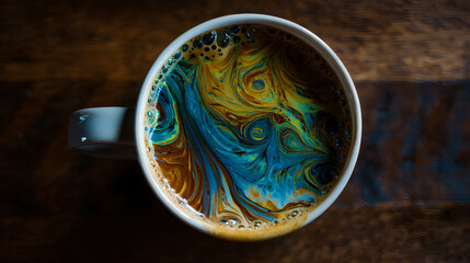 Surreal cup of coffee with swirling cosmic patterns inside, representing the hidden effects of daily ritual.