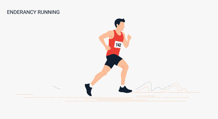 Running athlete illustration. Male marathon runner wearing a racing number participates in endurance sports. Vector illustration.
