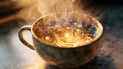 Surreal cup of coffee with swirling cosmic patterns inside, representing the hidden effects of daily ritual.