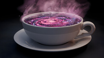 Surreal cup of coffee with swirling cosmic patterns inside, representing the hidden effects of daily ritual.