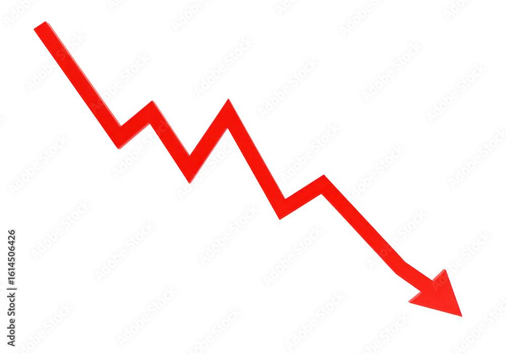 Poster a sharp red arrow indicates a downward trend, representing decline and loss isolated on transparent 