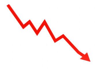 A sharp red arrow indicates a downward trend, representing decline and loss isolated on transparent background