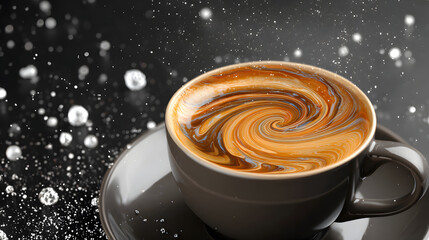 Surreal cup of coffee with swirling cosmic patterns inside, representing the hidden effects of daily ritual.