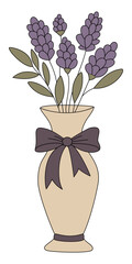 Minimalist vector illustration of a lavender bouquet in a vase with a ribbon. Perfect for eco designs, invitations, cards, and home decor projects.