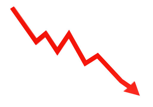 A sharp red arrow indicates a downward trend, representing decline and loss isolated on transparent background - Powered by Adobe