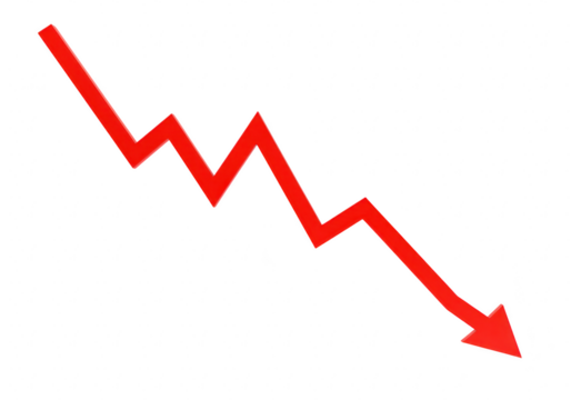 A sharp red arrow indicates a downward trend, representing decline and loss isolated on transparent background