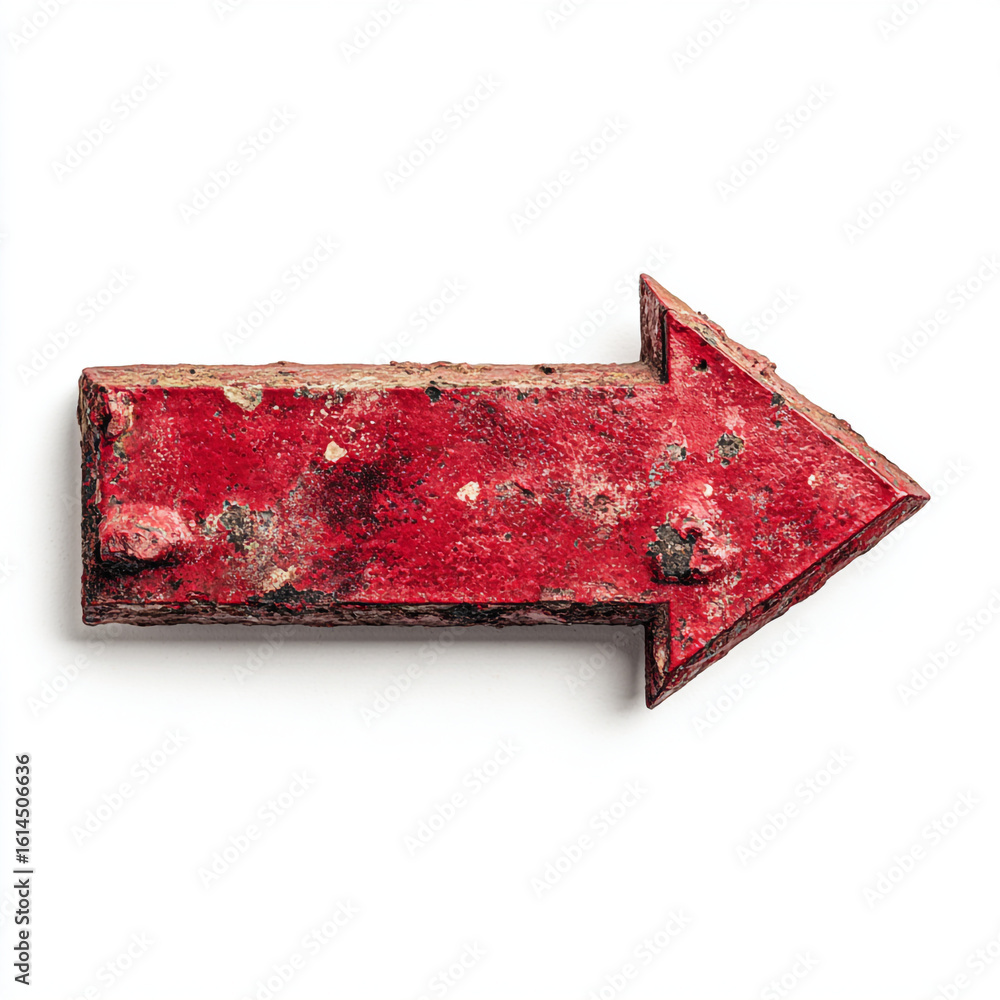 Poster a weathered red arrow pointing right, showing signs of rust and age, isolated on a white background