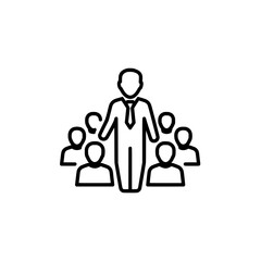 A leader stands confidently in front of a group of followers, symbolizing guidance and teamwork in a business or community setting.