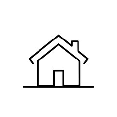 Simple black line drawing of a house with a triangular roof, a door, and a chimney, set on a flat base.