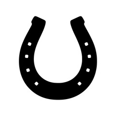 A simple black silhouette of a horseshoe, featuring rounded ends and nail holes along its curved edges, symbolizing good luck.