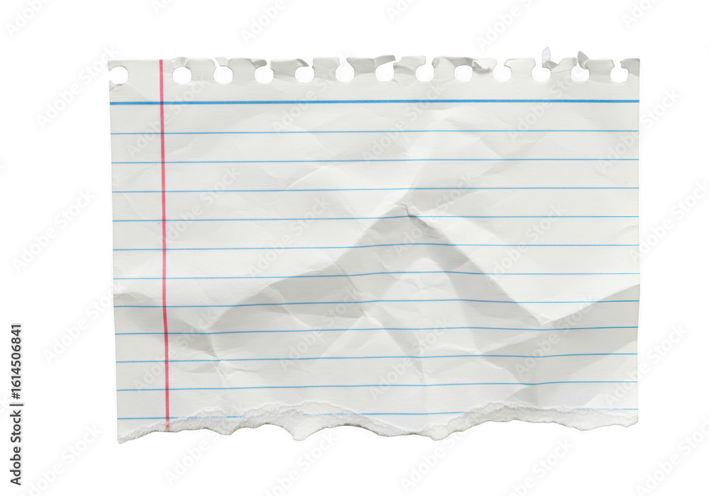 Poster a crumpled sheet of lined notebook paper with a torn edge, isolated on a transparent background