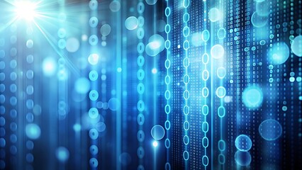 Abstract blue digital data stream with bokeh and binary code background