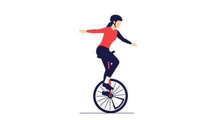 Unicycling woman illustration. Female rider balancing on a single-wheel bicycle wearing a helmet. Vector illustration.