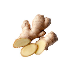 Fresh ginger root with slices showing its fibrous texture and pale yellow flesh isolated on transparent background