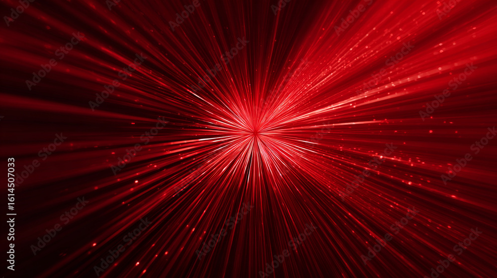 Poster a vibrant red abstract background featuring radiating light rays and scattered shimmering particles