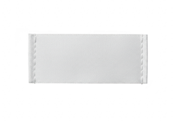 A blank white fabric label with stitched edges, isolated on a transparent background