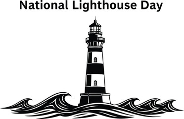 Vector art of a black and lighthouse stands tall amidst crashing waves, celebrating national lighthouse day