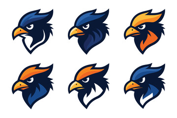 Vector art of a collection of six eagle head logos, each with a unique color scheme and design