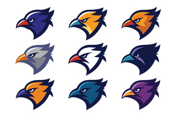 Fototapeta premium Vector art of a set of nine colorful eagle head logos and mascots isolated on white background