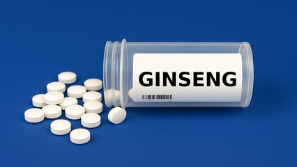 Box of GINSENG tablets placed on a table, in hospital pharmacy–medication used as a dietary...