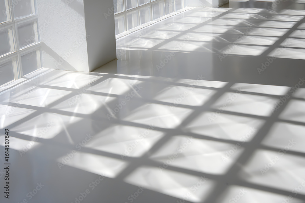 Poster sunlight casting geometric grid patterns of light and shadow across a clean white floor and wall in 