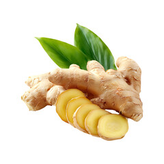 Fresh organic ginger root with slices and green leaves isolated on transparent background for culinary and health uses