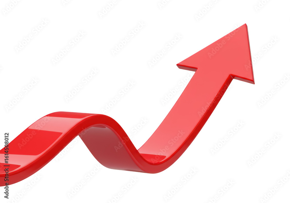 Poster a shiny red arrow curves upwards indicating growth and progress on a transparent background