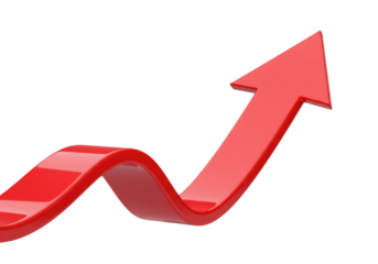 A shiny red arrow curves upwards indicating growth and progress on a transparent background