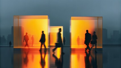 Futuristic City People Walking Through Illuminated Glass Portals at Dusk