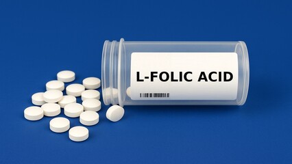 Box of L FOLIC ACID tablets placed on a table, in hospital pharmacy–medication used as a vitamin...