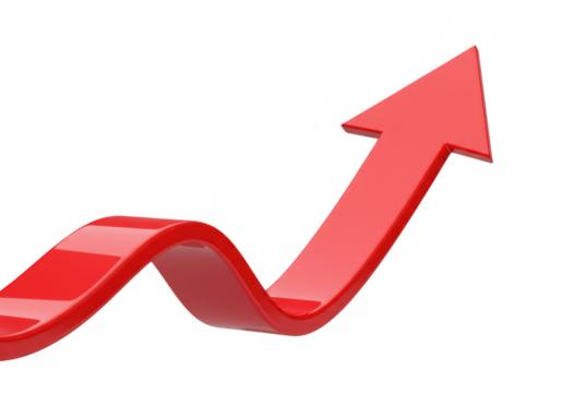 A shiny red arrow curves upwards indicating growth and progress on a transparent background