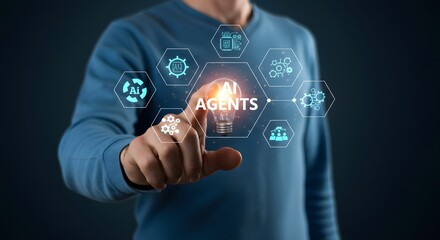 Obraz premium AI Agents Concept: Businessman Interacting with Futuristic Interface